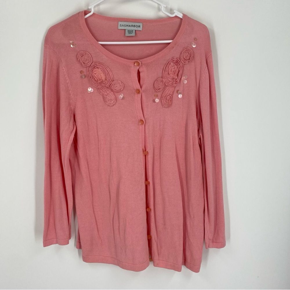 Sag Harbor Women’s Button Front Lighweight Pink Cardigan size M